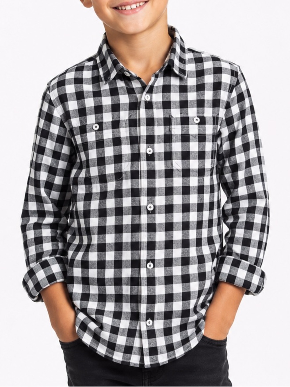 TUCKER + TATE Boys Gingham Plaid Black & White Check Button Down Shirt